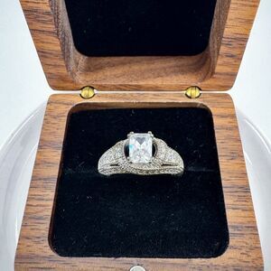 Vintage Radiant Cut Rhinestone Engagement Ring Silver Tone Pave Bridal Statement